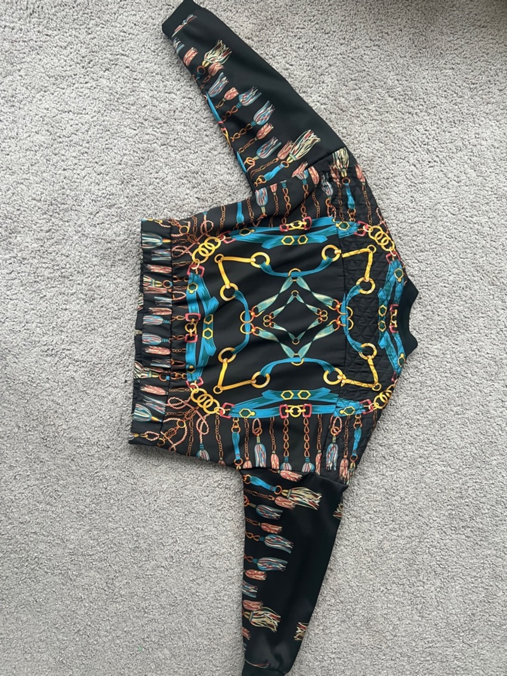 Zara Black Bomber Jacket with Teal, Yellow and Brown Chain Print - Picture 2 of 2